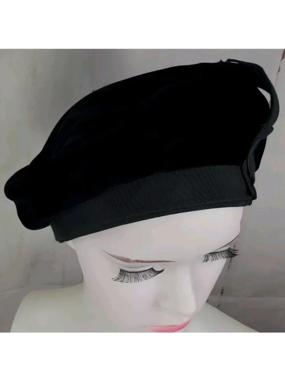 Vtg Union Black Velvet Slouch Beret Cap Hat Ribbon United Hatters Millinery MED